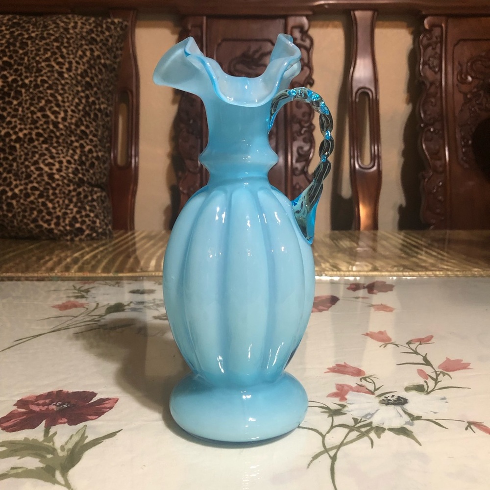 Fenton 8" Blue Overlay Melon Pitcher with Ruffle Edge, Vintage Collectible Glass